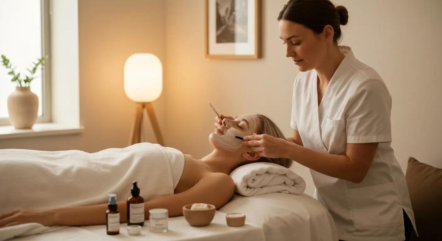 Beauty technician performing brow lamination on a client in a modern salon