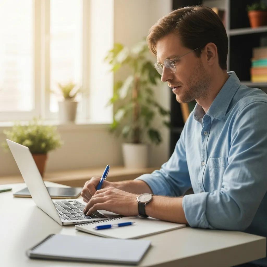 An adult learner participating in an online 5-Hour Pre-Licensing Course from the comfort of their home study environment