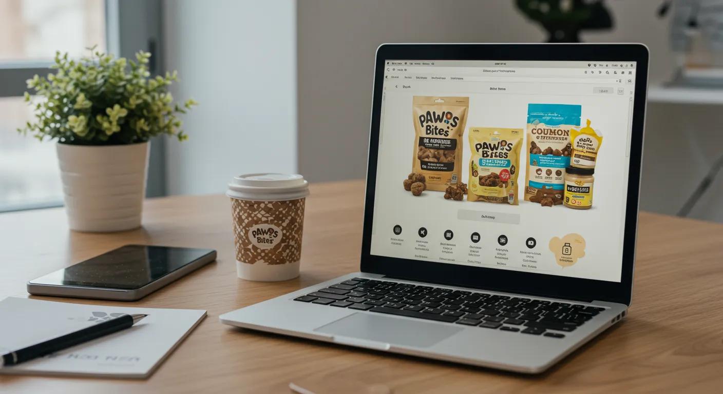 a sleek, modern office setting features a laptop displaying an inviting online storefront for pawsitive bites treats, complete with vibrant product images and easy navigation, emphasizing convenience for busy pet owners. a sleek, modern office setting features a laptop displaying an inviting online storefront for pawsitive bites treats, complete with vibrant product images and easy navigation, emphasizing convenience for busy pet owners.