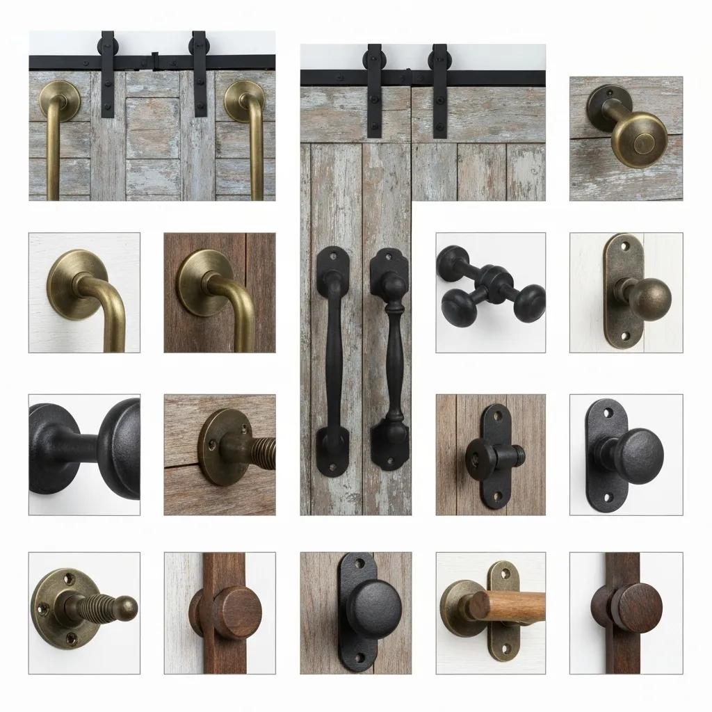 A variety of barn door hardware options showcasing different materials and finishes suitable for unique styles