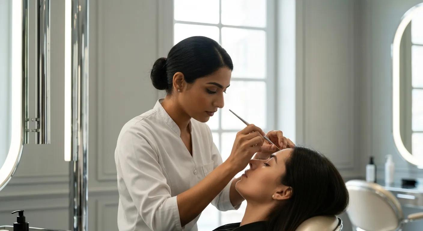 Professional eyebrow threading session in a modern salon, highlighting precision and care