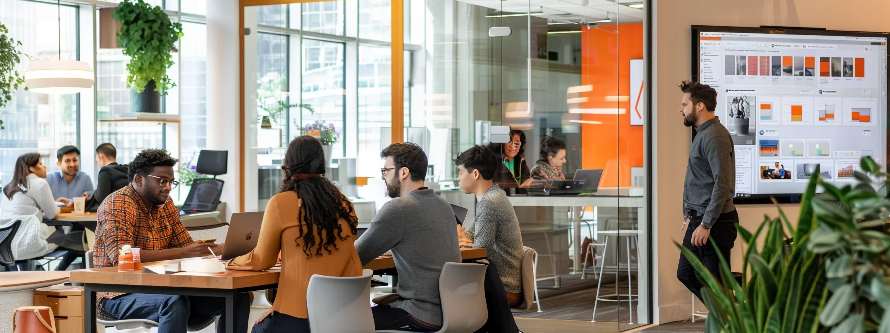 a vibrant brainstorming session in a modern office, with a diverse group of professionals gathered around a table, discussing and strategizing on implementing holistic seo techniques for online growth.