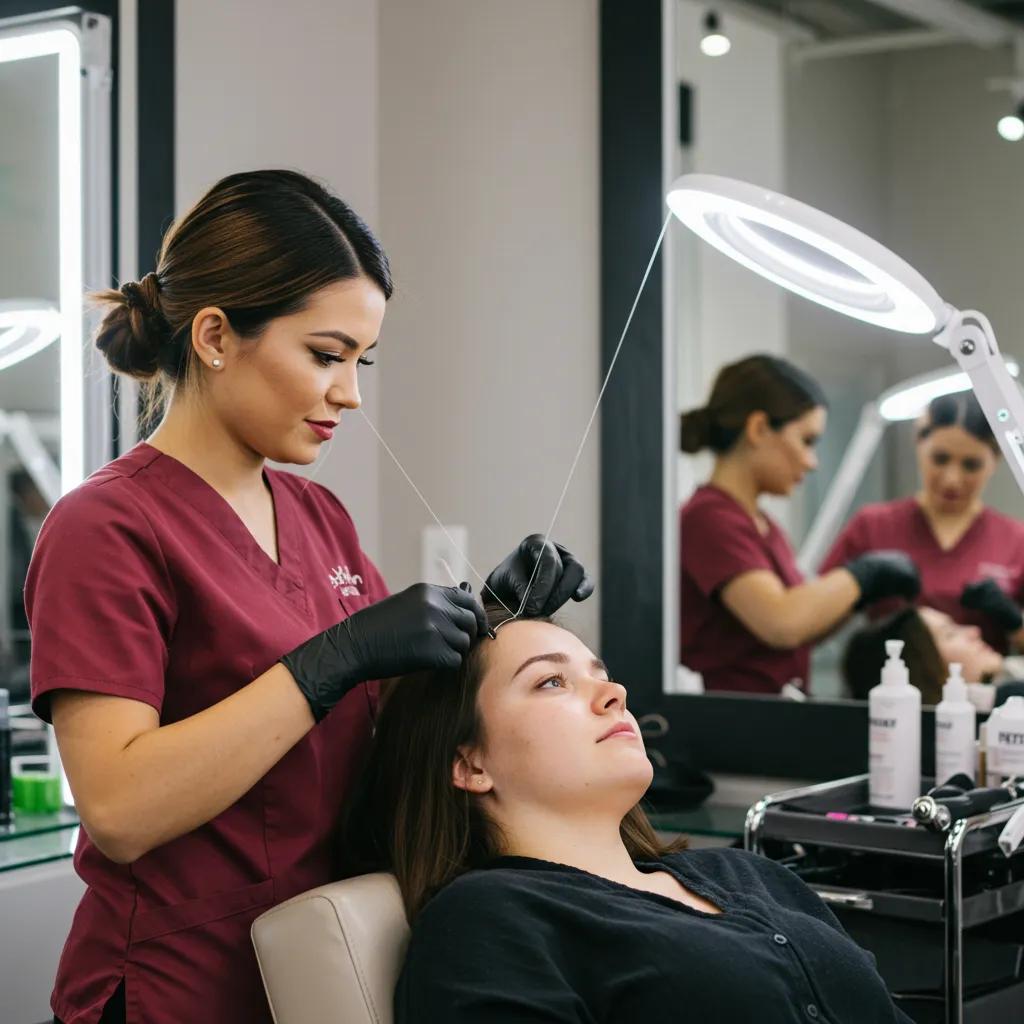 Skilled aesthetician performing precise hair threading on a client's eyebrows in a Brooklyn salon
