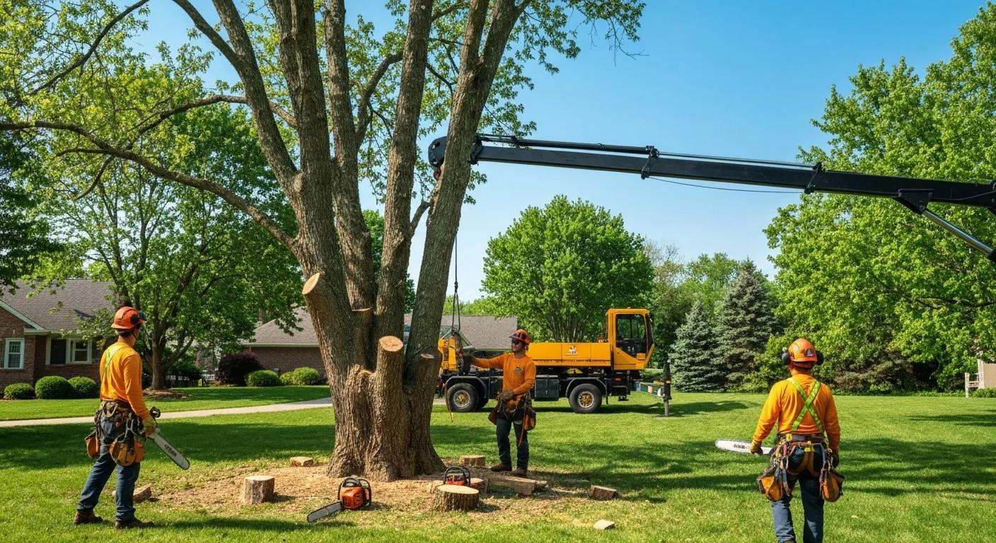 Professional tree service team removing a large tree in St. Cloud, showcasing safety and expertise