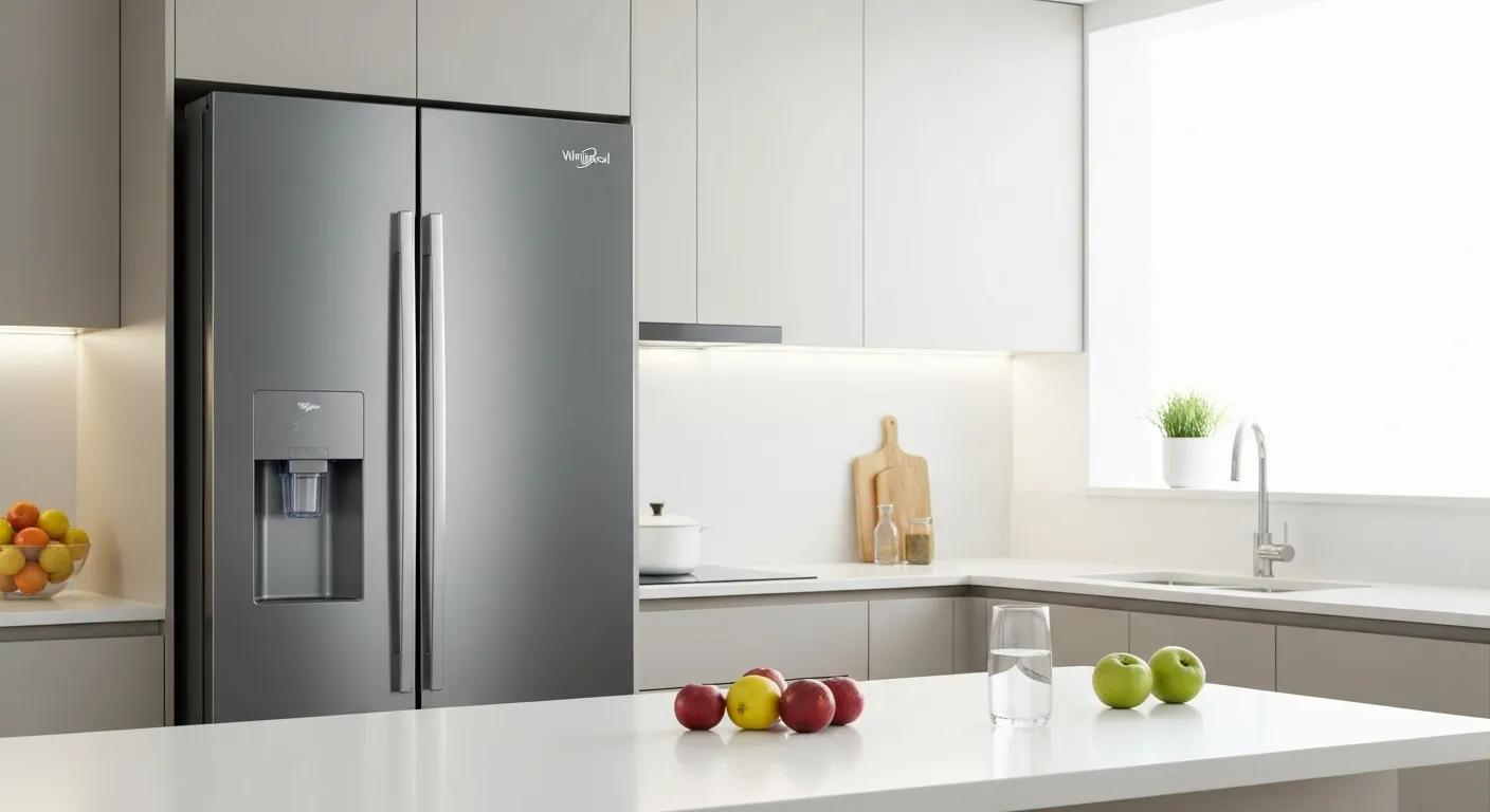 Whirlpool refrigerator with water filter in a modern kitchen, emphasizing freshness and clarity