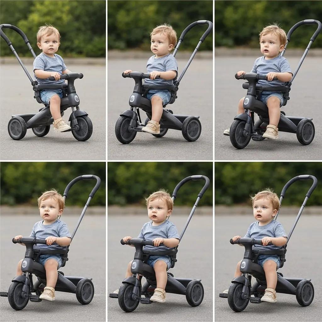Convertible baby trike displayed in different modes: stroller-style, assisted pedal, and independent ride, showcasing versatility