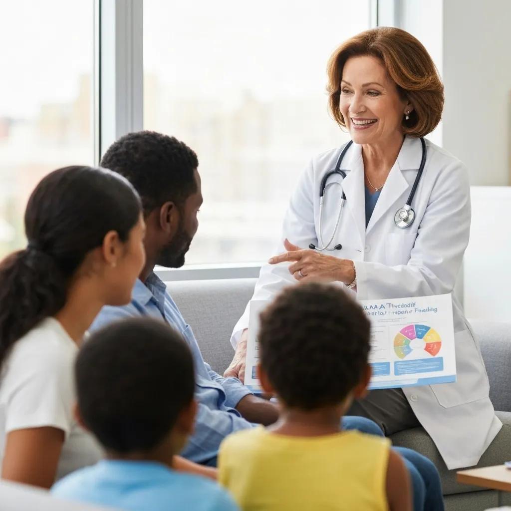 A healthcare professional explaining Medicaid options for ABA therapy to a family.
