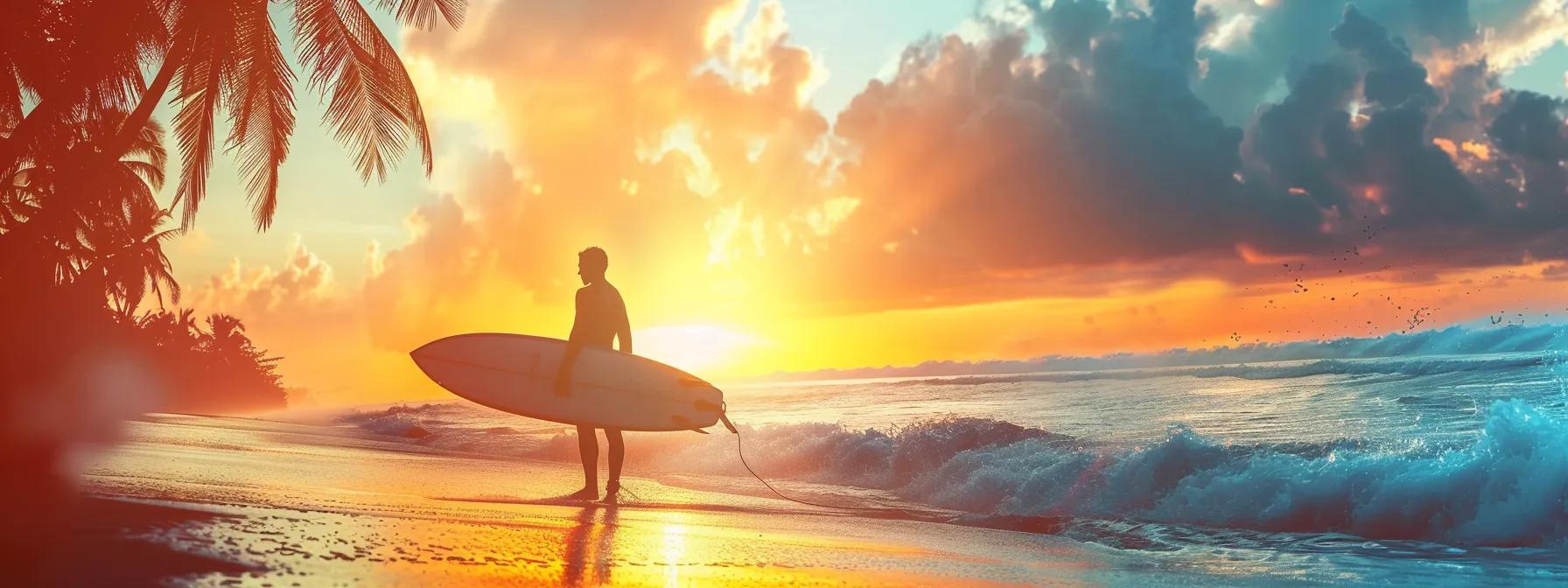 show a surfer silhuette against the sunset in a tropical beach