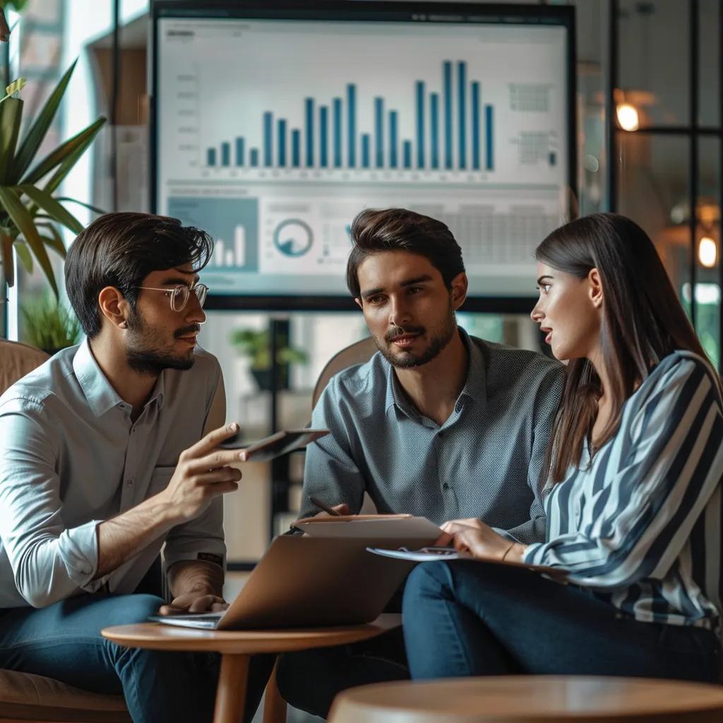 Real estate agent presenting market trends to clients in a modern office