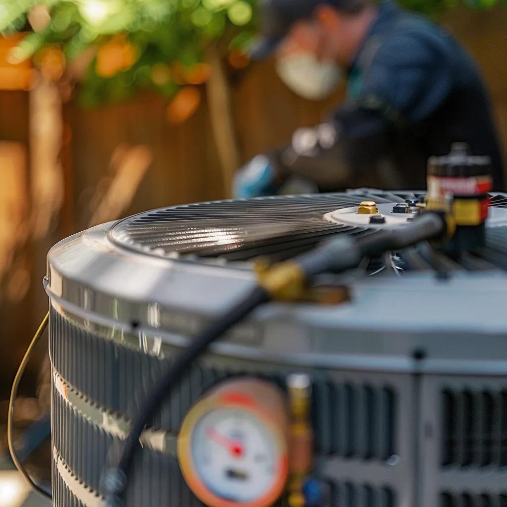 Technician inspecting air conditioning unit for warning signs of malfunction