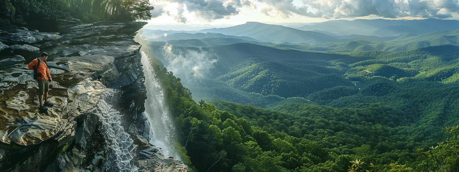 an adventurous hiker stands at a breathtaking viewpoint along a winding blue ridge trail, overlooking a dramatic cascade of waterfalls below, framed by distant mountain vistas and an array of vibrant wildlife visible in the distance. an adventurous hiker stands at a breathtaking viewpoint along a winding blue ridge trail, overlooking a dramatic cascade of waterfalls below, framed by distant mountain vistas and an array of vibrant wildlife visible in the distance.