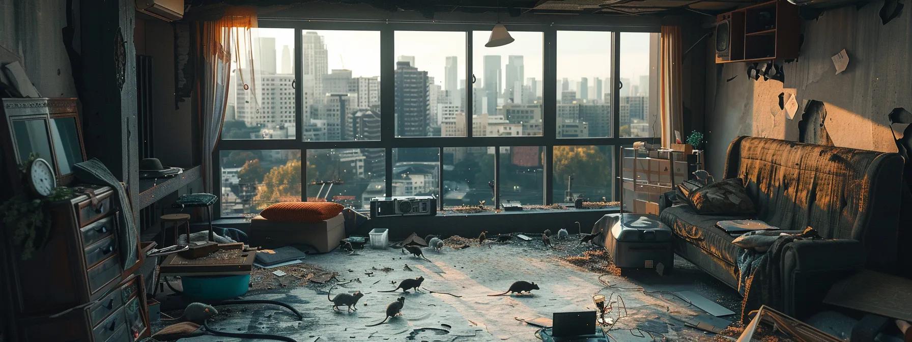 An unsettling scene of an apartment with an overwhelming rat infestation. The room, once cozy, now feels claustrophobic and dirty. The large windows show a sprawling city skyline in the distance, but the view feels distant and cold. Inside, the floor is littered with scattered debris and chewed-up items. Dozens of rats, some large and others small, scurry across the floor, climbing up the furniture, and even peering out from behind the furniture. The room's dim lighting casts long, creeping shadows, accentuating the rats’ presence. The apartment has a grimy, neglected feel—dirty walls, stains on the floor, and a general sense of decay. A faint smell of mildew and rat droppings lingers in the air.