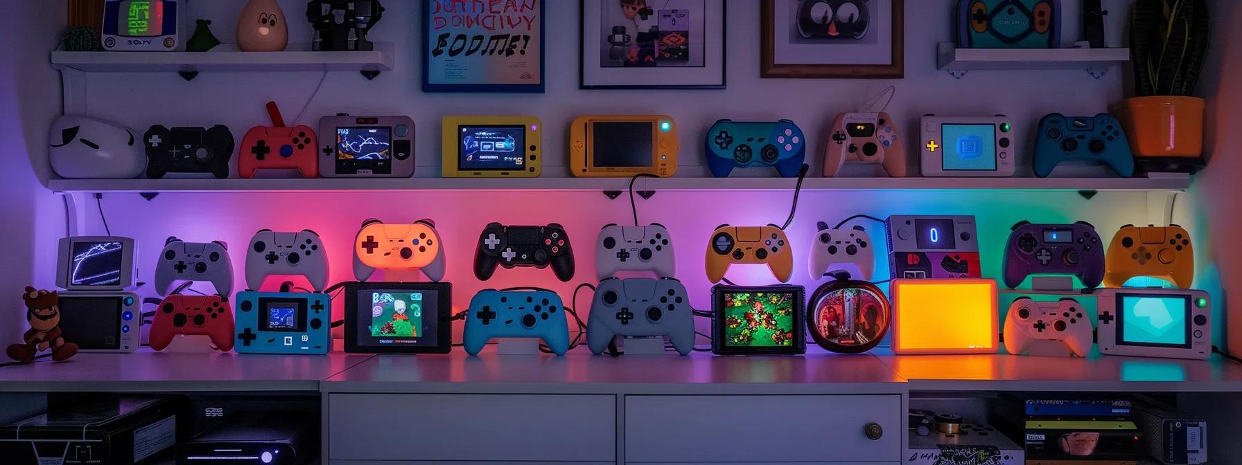 Una variedad de vibrantes consolas de juegos portátiles retro se exhiben en un escritorio de oficina moderno y elegante, iluminado por luces LED dinámicas que resaltan sus diseños únicos y su estética vintage, simbolizando la evolución de la tecnología de los juegos. an array of vibrant retro handheld gaming consoles is displayed on a sleek, modern office desk, illuminated by dynamic led lights that highlight their unique designs and vintage aesthetics, symbolizing the evolution of gaming technology.