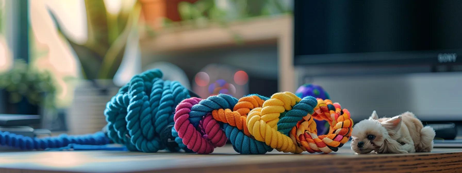 an array of vibrant rope dog toys specifically designed for small breeds is displayed on a sleek modern office desk, emphasizing the tailored selection for diverse play styles and chewing habits. an array of vibrant rope dog toys specifically designed for small breeds is displayed on a sleek modern office desk, emphasizing the tailored selection for diverse play styles and chewing habits.