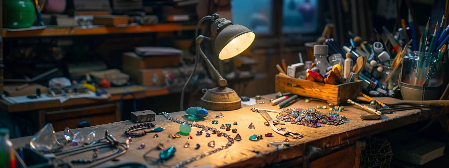 an artisan jeweler's studio is filled with vibrant gemstones and precise tools, capturing the intimate moment of a thoughtful discussion between a customer and the artisan, as they collaborate on the design of a unique personalized ring. an artisan jeweler's studio is filled with vibrant gemstones and precise tools, capturing the intimate moment of a thoughtful discussion between a customer and the artisan, as they collaborate on the design of a unique personalized ring.
