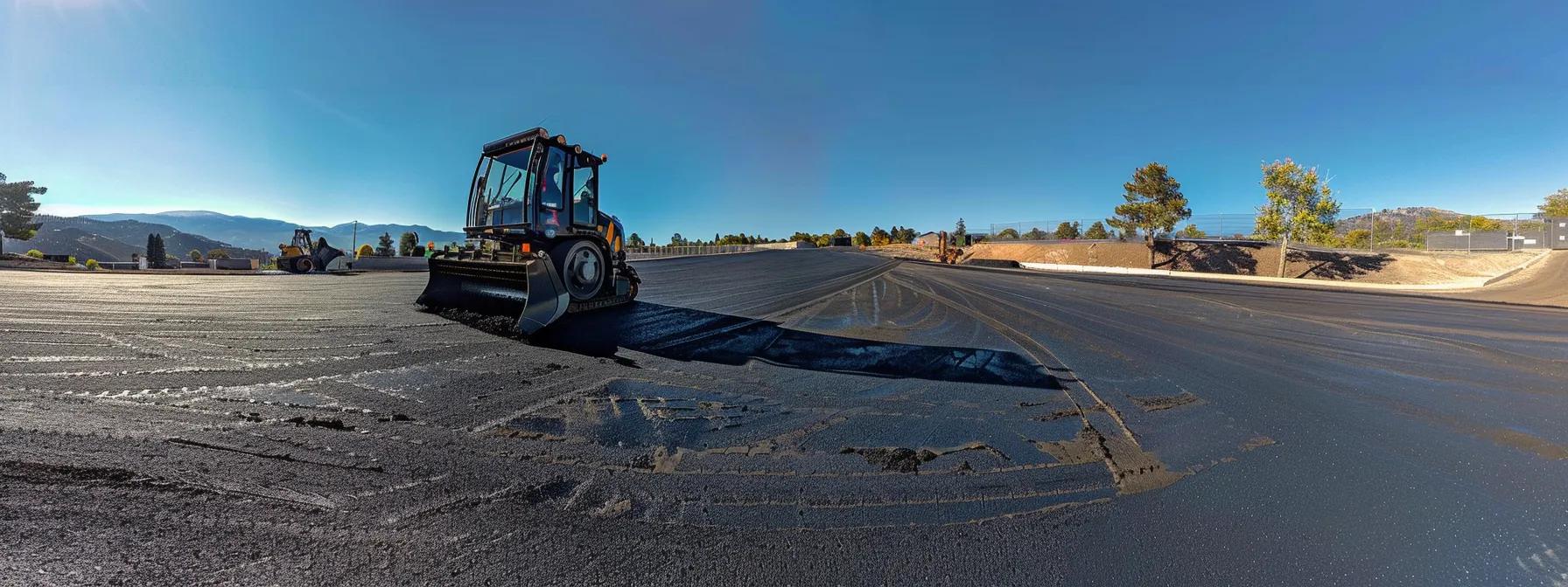 an asphalt paving machine laying smooth, black pavement under a clear blue sky. an asphalt paving machine laying smooth, black pavement under a clear blue sky.