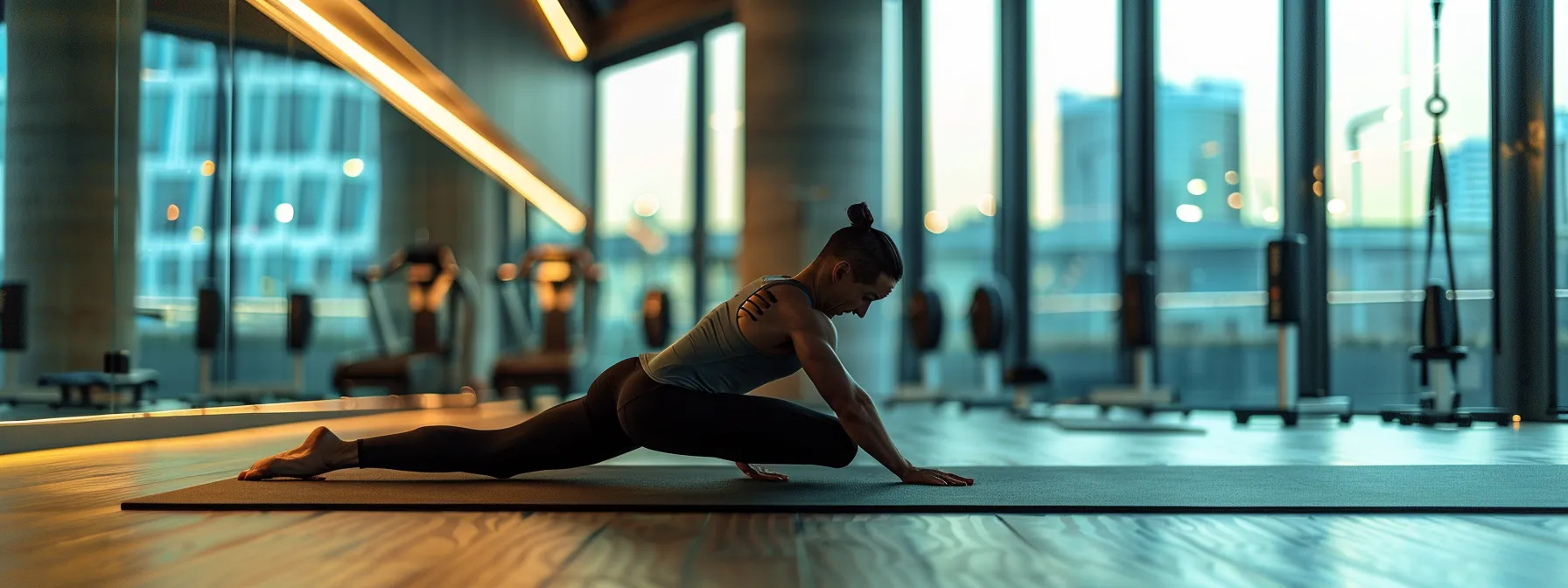 an athletic individual performs dynamic stretches on a firm mat in a modern gym setting, surrounded by exercise equipment, highlighting the focus on posture and core stability during a warm-up session.