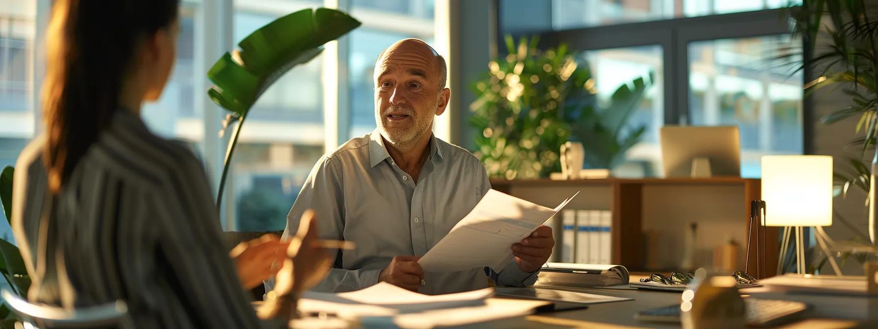 un gestionnaire de salle attentif répond à des questions détaillées d'un organisateur d'événements, au milieu d'un bureau moderne avec des documents de location soigneusement étalés sur la table.