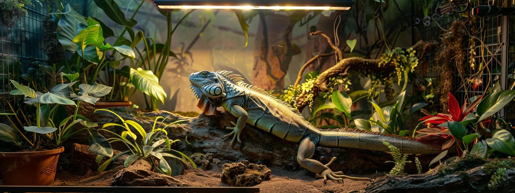 an educational terrarium setup showcasing an iguana basking under a uvb lamp, surrounded by vibrant climbing structures and carefully arranged substrates, emphasizing optimal habitat conditions for various iguana species in a controlled indoor setting. an educational terrarium setup showcasing an iguana basking under a uvb lamp, surrounded by vibrant climbing structures and carefully arranged substrates, emphasizing optimal habitat conditions for various iguana species in a controlled indoor setting.