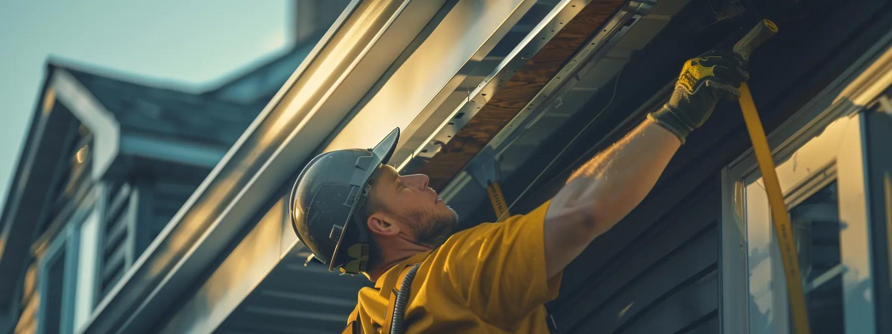 an efficient team of technicians meticulously installing a sleek and modern gutter system on a residential property, showcasing precise alignment and professional tools in a well-lit urban setting. an efficient team of technicians meticulously installing a sleek and modern gutter system on a residential property, showcasing precise alignment and professional tools in a well-lit urban setting.