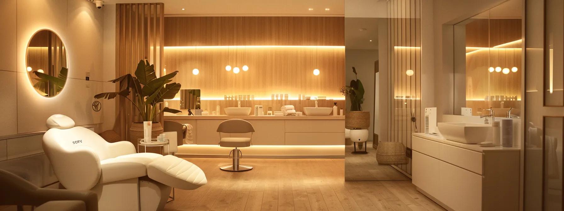 an elegant beauty salon interior showcases a skilled aesthetician expertly performing eyebrow threading on a client, illuminated by soft, warm lighting that highlights the defined arches of freshly shaped brows against a backdrop of chic decor and minimalist furnishings.