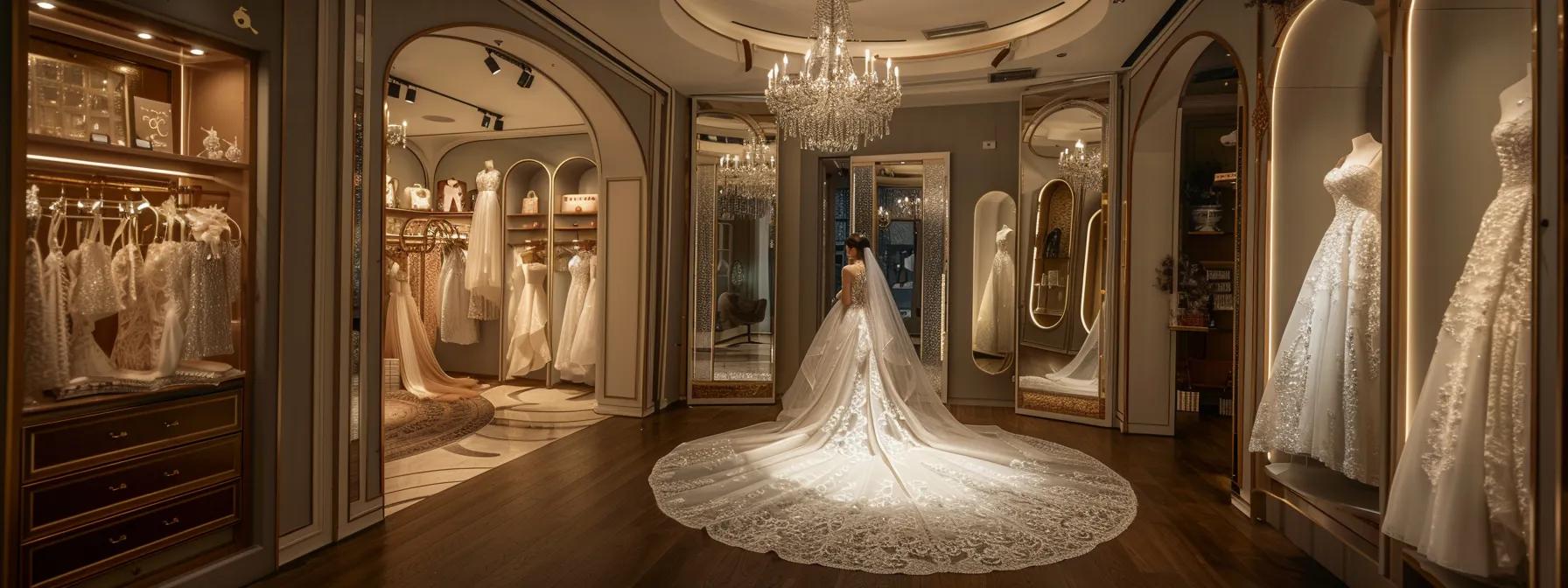 an elegant bridal fitting scene unfolds in a sophisticated boutique, showcasing a radiant bride gazing at herself in a full-length mirror, adorned in a stunning gown complemented by a delicate, intricately designed veil that reflects the wedding theme's essence. an elegant bridal fitting scene unfolds in a sophisticated boutique, showcasing a radiant bride gazing at herself in a full-length mirror, adorned in a stunning gown complemented by a delicate, intricately designed veil that reflects the wedding theme's essence.