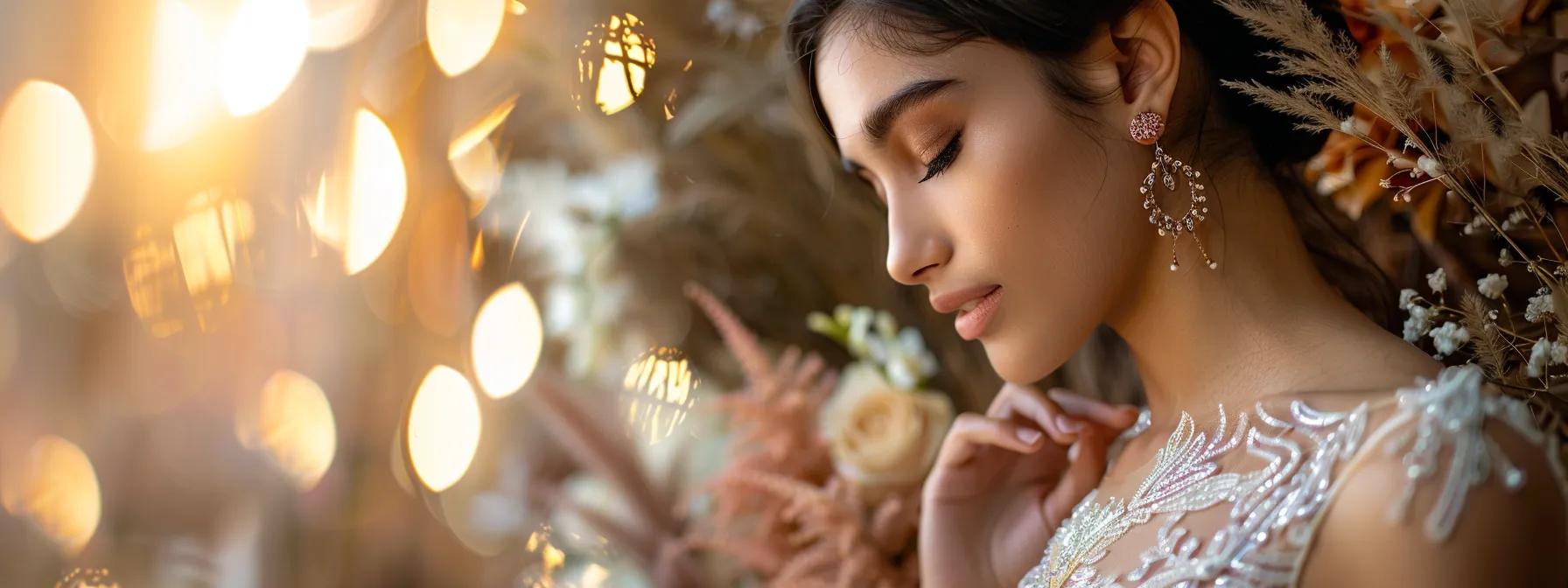 an elegant bride adorned in nature-inspired jewellery, featuring intricate designs of delicate leaves and blooming flowers, stands in a softly lit, rustic indoor setting, exuding grace and serenity against an atmospheric backdrop of vintage decor. an elegant bride adorned in nature-inspired jewellery, featuring intricate designs of delicate leaves and blooming flowers, stands in a softly lit, rustic indoor setting, exuding grace and serenity against an atmospheric backdrop of vintage decor.