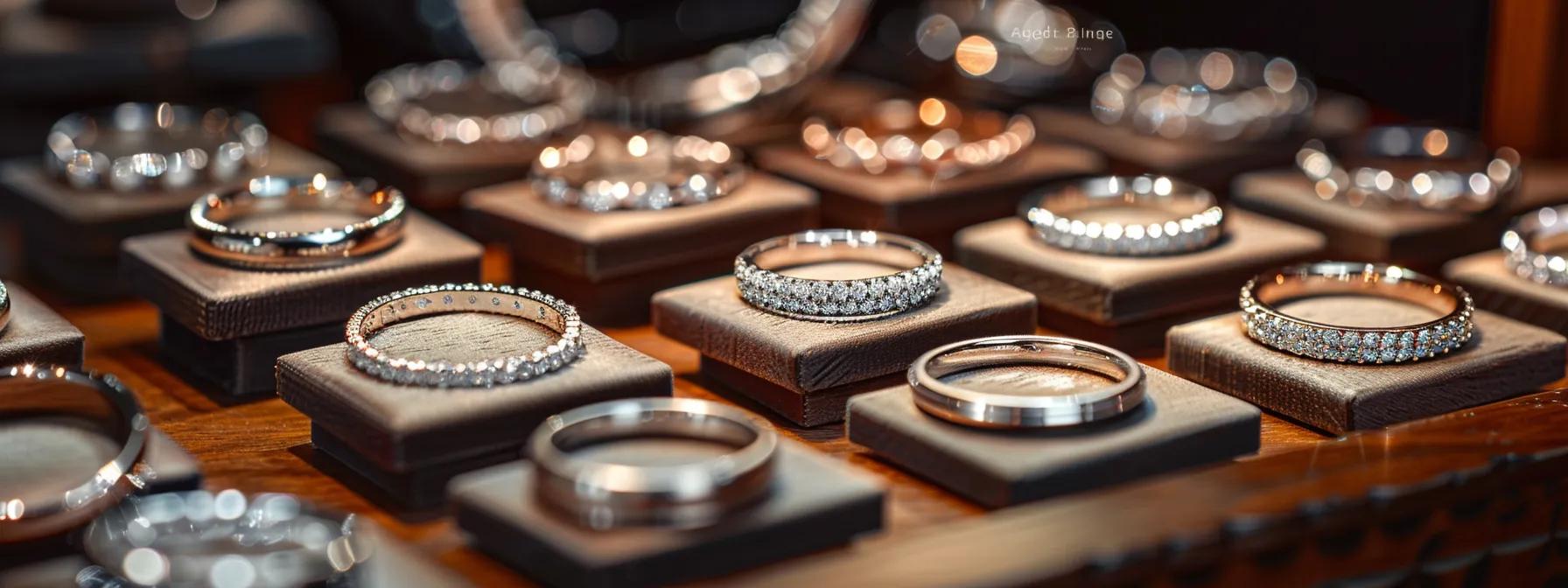 an elegant display of diverse, intricately designed wedding band rings arranged on a polished wooden table in a sophisticated jewelry showroom, illuminated by soft, focused lighting that enhances their unique craftsmanship and materials. an elegant display of diverse, intricately designed wedding band rings arranged on a polished wooden table in a sophisticated jewelry showroom, illuminated by soft, focused lighting that enhances their unique craftsmanship and materials.
