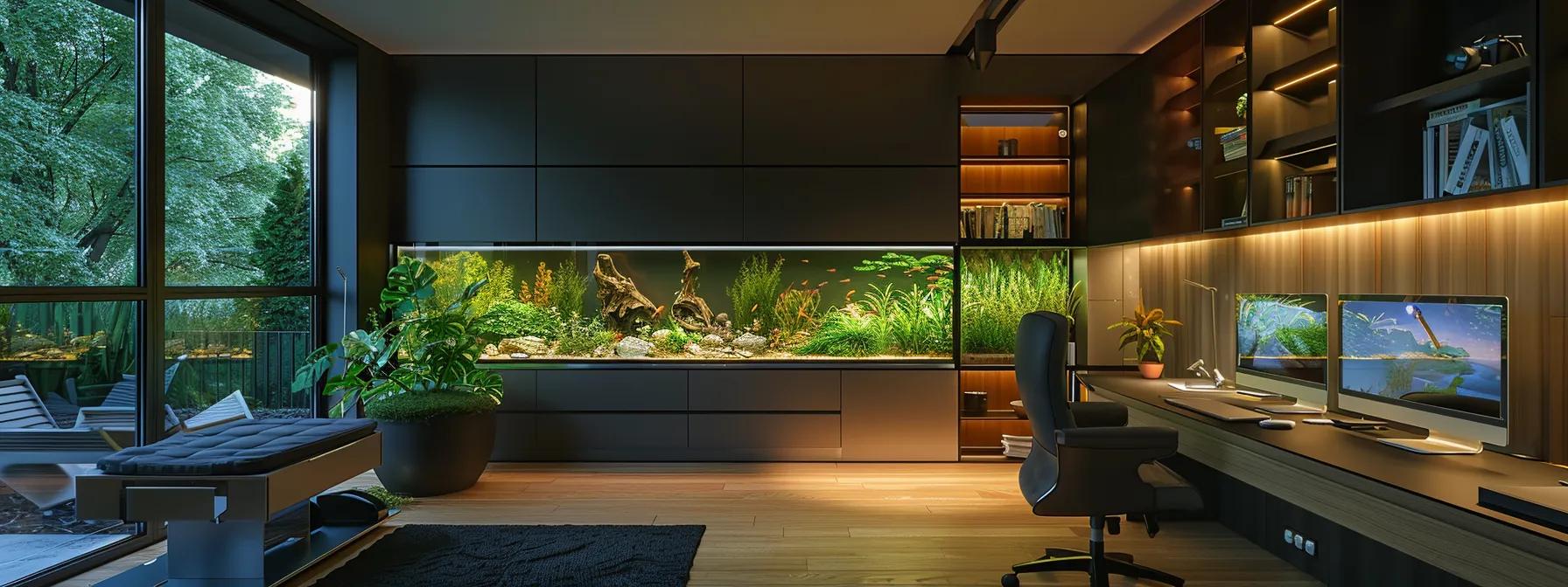 an elegant home office features a meticulously placed aquarium on a sleek, level desk, illuminated by soft, indirect lighting, emphasizing its tranquility and seamless integration into the modern decor. an elegant home office features a meticulously placed aquarium on a sleek, level desk, illuminated by soft, indirect lighting, emphasizing its tranquility and seamless integration into the modern decor.