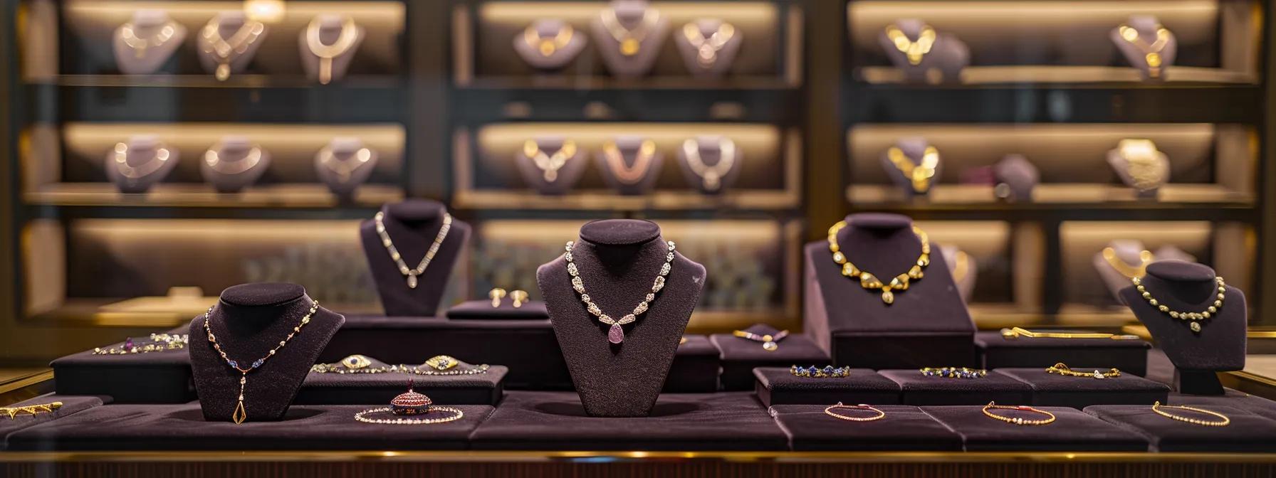 an elegant jewelry display showcases a variety of gemstone necklaces and simple chains, arranged on sleek, dark velvet fabric in a modern, well-lit boutique.