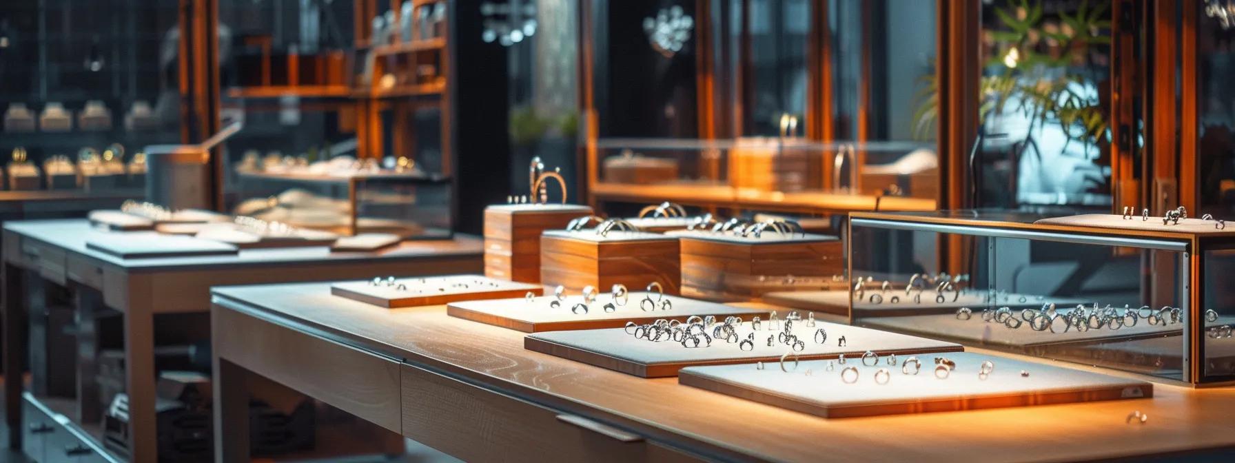 an elegant jewelry workshop with artisans meticulously crafting unique wedding rings from alternative materials, showcasing a vibrant array of textures and finishes under bright, focused lighting. an elegant jewelry workshop with artisans meticulously crafting unique wedding rings from alternative materials, showcasing a vibrant array of textures and finishes under bright, focused lighting.