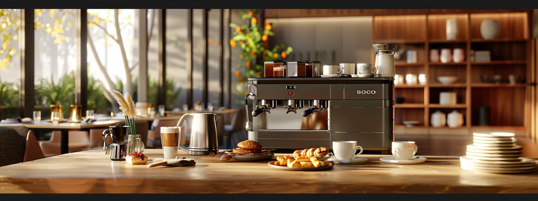 an elegant, modern office space with a sleek necco coffee machine surrounded by freshly brewed cups of coffee and a selection of pastries on a stylish table setting.
