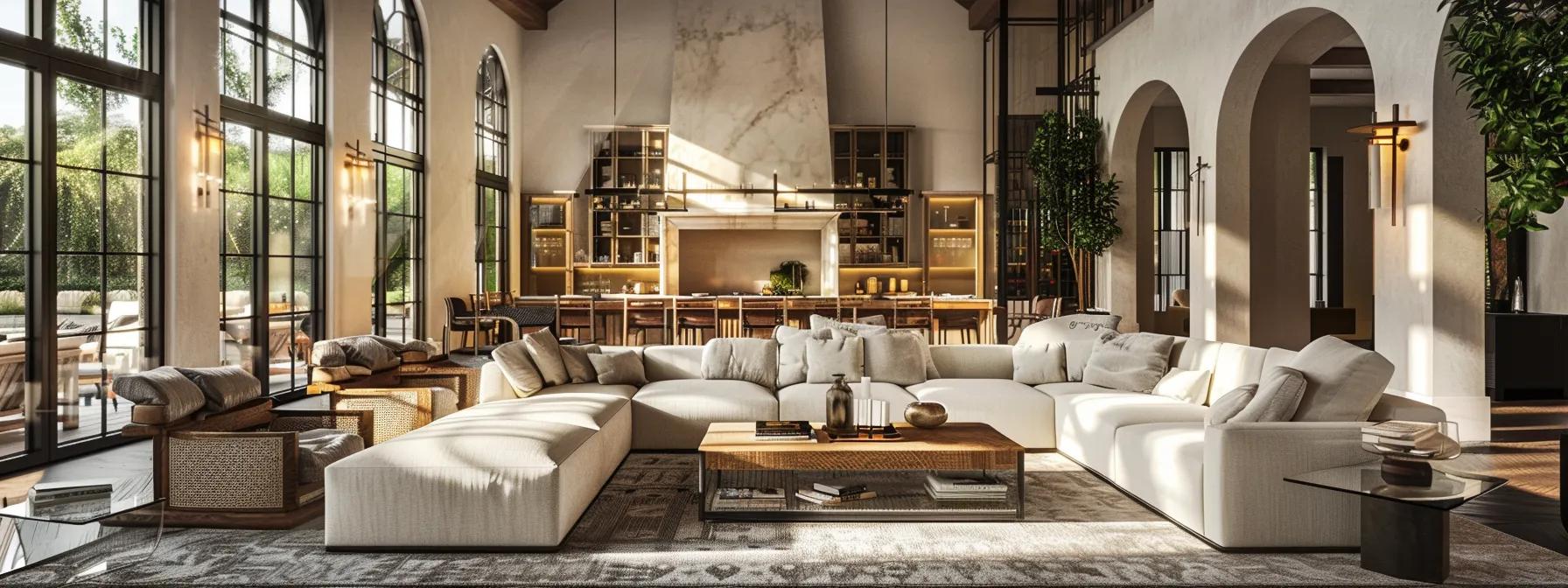 an elegant open-concept living area, showcasing luxurious custom basilica furniture in a soothing color palette, accentuated by handcrafted details and high ceilings, exuding a cozy yet sophisticated ambiance. an elegant open-concept living area, showcasing luxurious custom basilica furniture in a soothing color palette, accentuated by handcrafted details and high ceilings, exuding a cozy yet sophisticated ambiance.