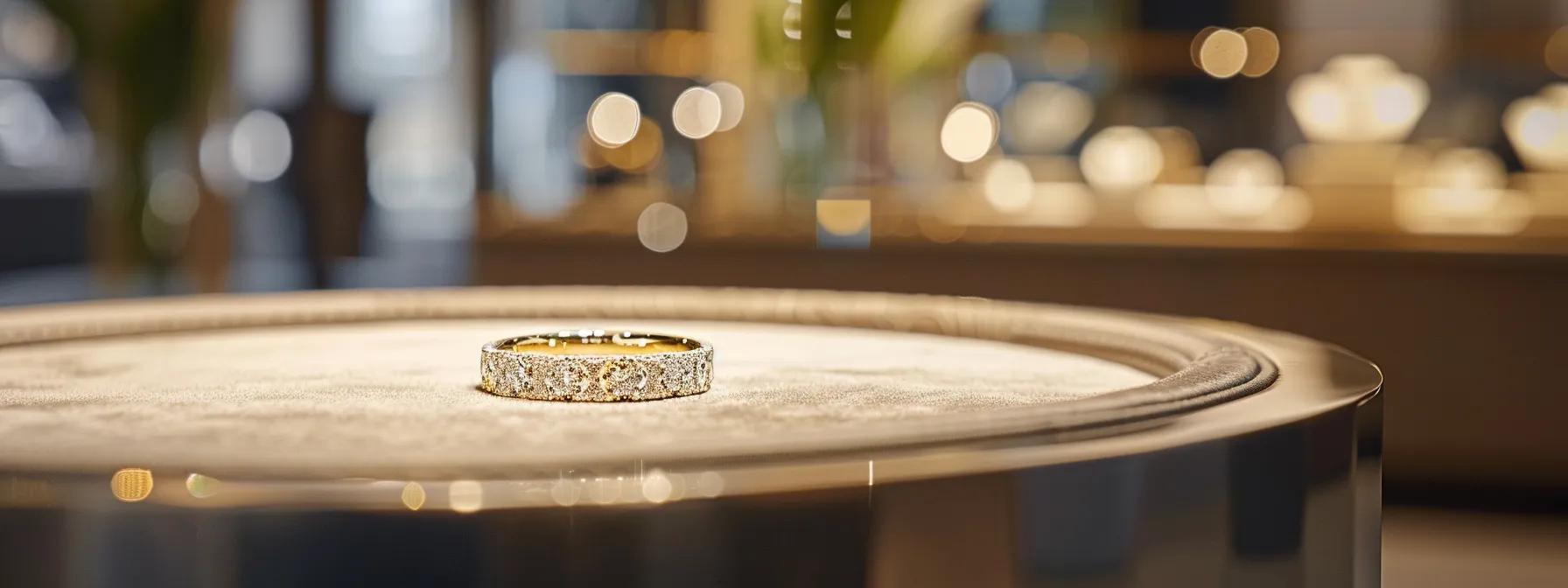 an elegant, softly lit jewelry display showcases a distinctive wedding band, highlighting its intricate design against a sleek, modern office backdrop that reflects emotional and artistic value. an elegant, softly lit jewelry display showcases a distinctive wedding band, highlighting its intricate design against a sleek, modern office backdrop that reflects emotional and artistic value.