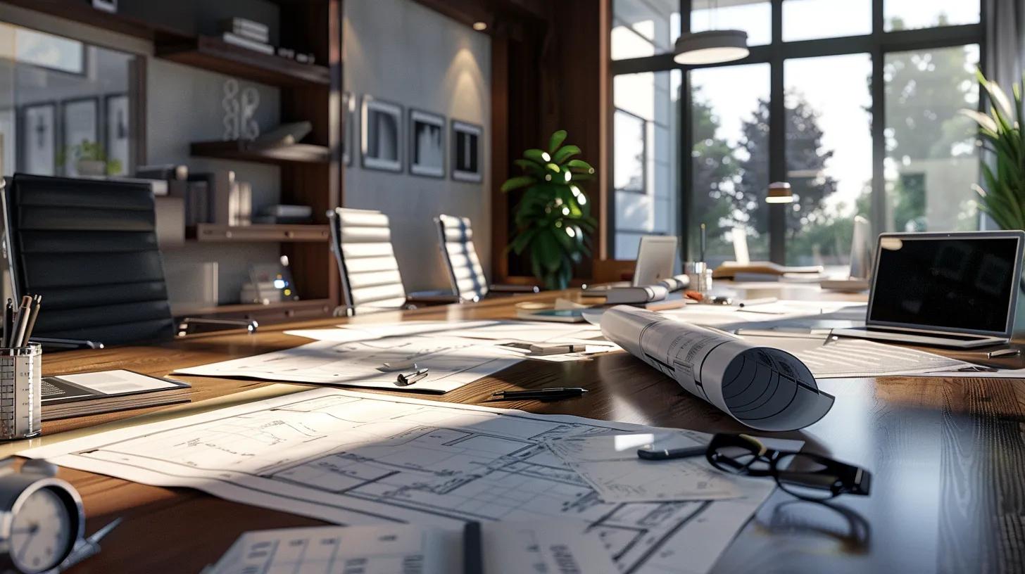 an elegantly appointed office workspace features a polished wooden desk with blueprints and financial graphs spread out, conveying a professional atmosphere that highlights the strategic investment of hiring a home building project advisor. an elegantly appointed office workspace features a polished wooden desk with blueprints and financial graphs spread out, conveying a professional atmosphere that highlights the strategic investment of hiring a home building project advisor.