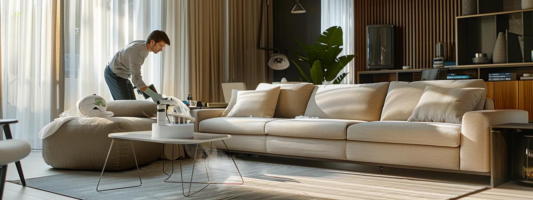 an elegantly arranged modern living room showcases pristine upholstery, highlighting a professional technician using advanced cleaning equipment to expertly treat a stubborn pet stain, emphasizing the contrast between the untouched fabric and the meticulous care being applied.
