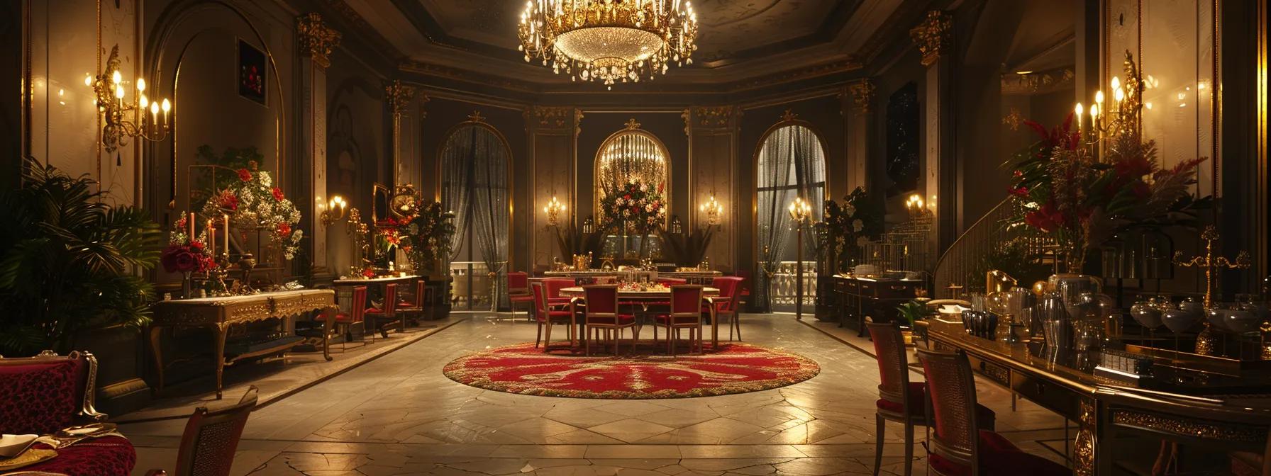 une salle de fête élégamment décorée, avec un éclairage sophistiqué et un agencement modulable, reflétant harmonieusement le thème d’un mariage chic avec du velours et des accents dorés.