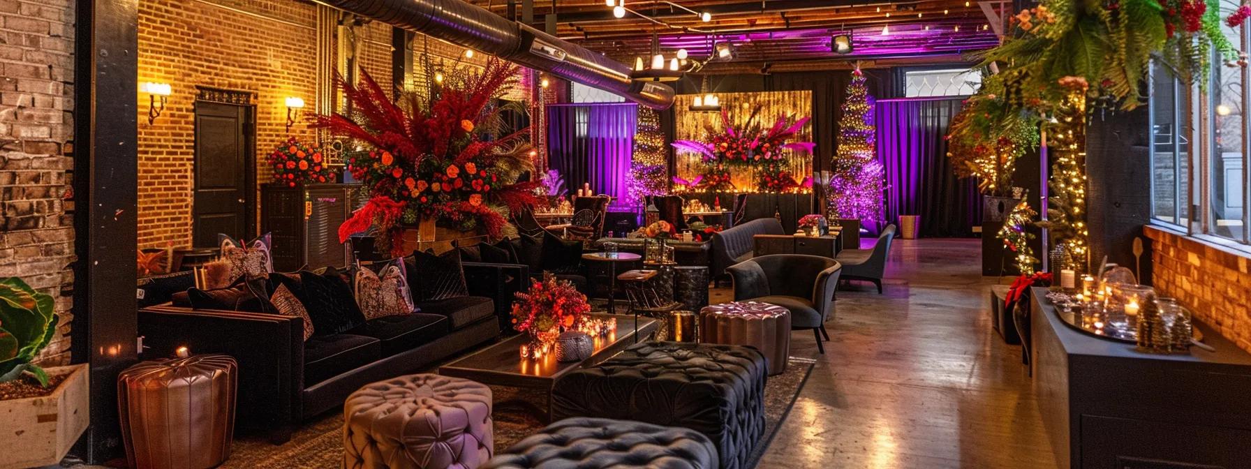 an elegantly decorated urban event space with stylishly arranged furniture rentals, showcasing a sophisticated holiday party atmosphere filled with festive decor and inviting seating options that encourage social interaction and networking. an elegantly decorated urban event space with stylishly arranged furniture rentals, showcasing a sophisticated holiday party atmosphere filled with festive decor and inviting seating options that encourage social interaction and networking.