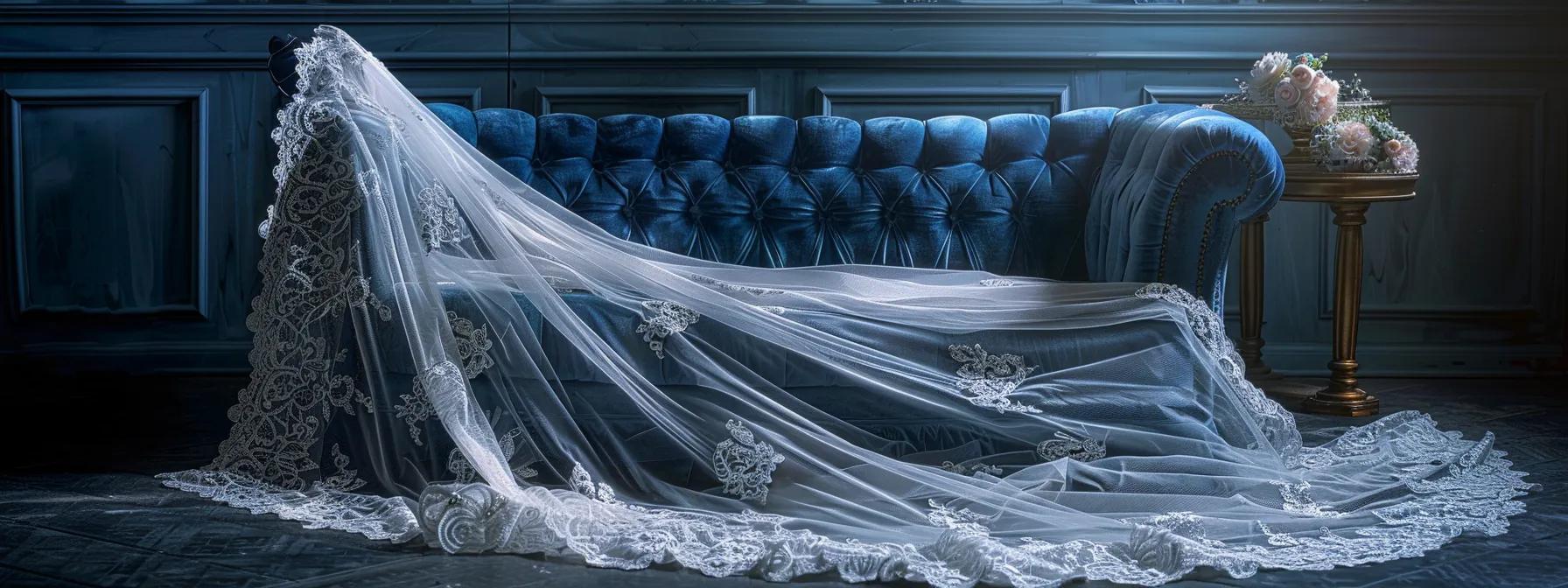an elegantly designed bridal veil, showcasing intricate lace patterns and soft organza, is draped artistically over a plush velvet chair in a chic bridal studio, illuminated by soft, diffused lighting that highlights the delicate textures and the sophisticated ambience of personalization in bridal accessories. an elegantly designed bridal veil, showcasing intricate lace patterns and soft organza, is draped artistically over a plush velvet chair in a chic bridal studio, illuminated by soft, diffused lighting that highlights the delicate textures and the sophisticated ambience of personalization in bridal accessories.