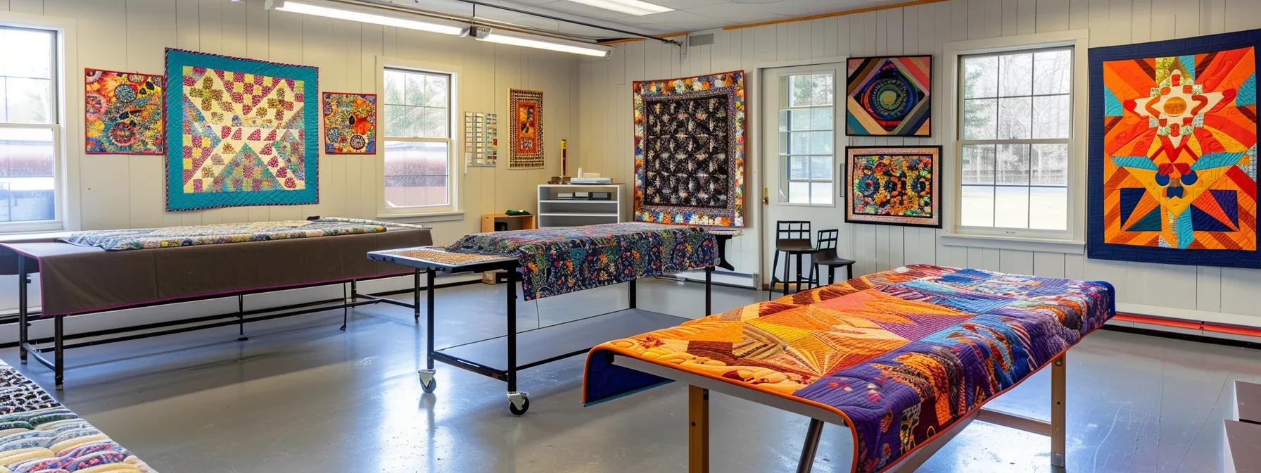 an elegantly designed modern quilting studio with an array of colorful advanced long arm quilting patterns displayed on a sleek cutting table, showcasing the precision and creativity vital for exceptional quilting outcomes. an elegantly designed modern quilting studio with an array of colorful advanced long arm quilting patterns displayed on a sleek cutting table, showcasing the precision and creativity vital for exceptional quilting outcomes.