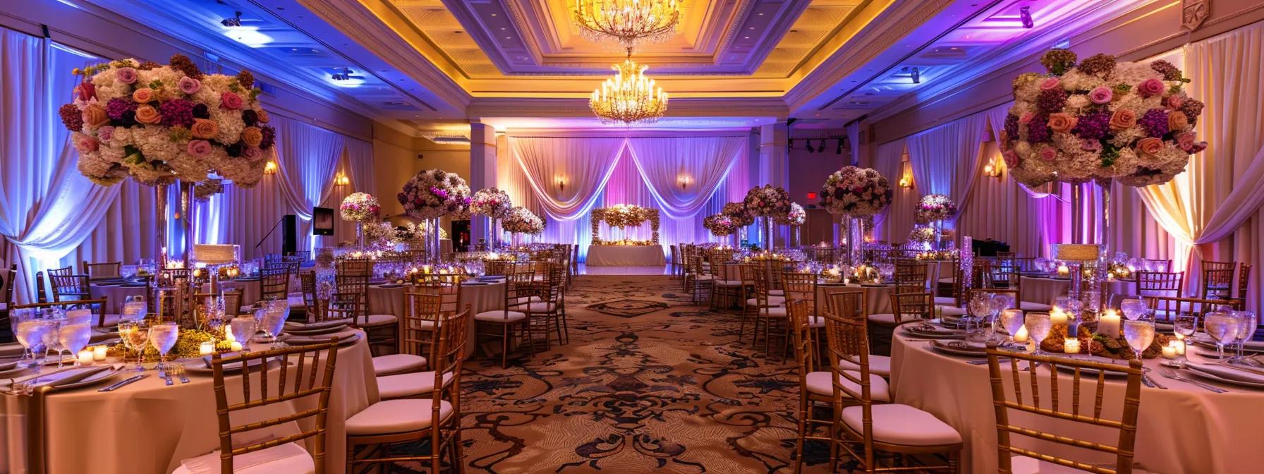 an elegantly designed reception hall, featuring luxurious décor, sophisticated seating arrangements, and a vibrant ambiance created by bespoke lighting, set up for a glamorous wedding event with tables adorned with lavish floral arrangements and gourmet catering displays.