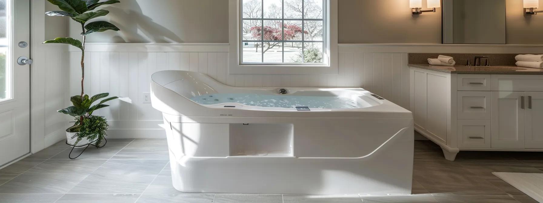 an elegantly designed walk-in tub situated in a modern, well-lit bathroom, showcasing safety features and accessibility, reflecting a blend of comfort and independence for seniors.