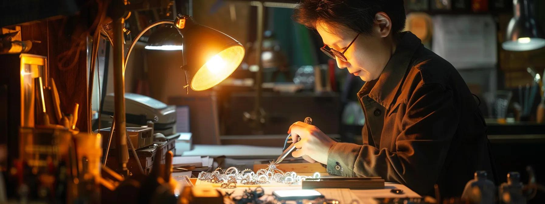 an elegantly lit jewelry workshop showcases a skilled artisan carefully inspecting a stunning, intricately designed custom piece, emphasizing the artistry and precision behind bespoke creations. an elegantly lit jewelry workshop showcases a skilled artisan carefully inspecting a stunning, intricately designed custom piece, emphasizing the artistry and precision behind bespoke creations.
