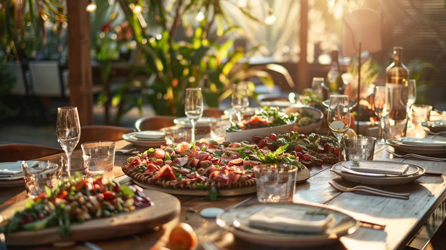 an elegantly set dining table adorned with rich italian fare, complete with vibrant antipasto platters and refined tableware, situated in a sophisticated, warmly lit event space in byron bay, captures the essence of a memorable italian catering experience.
