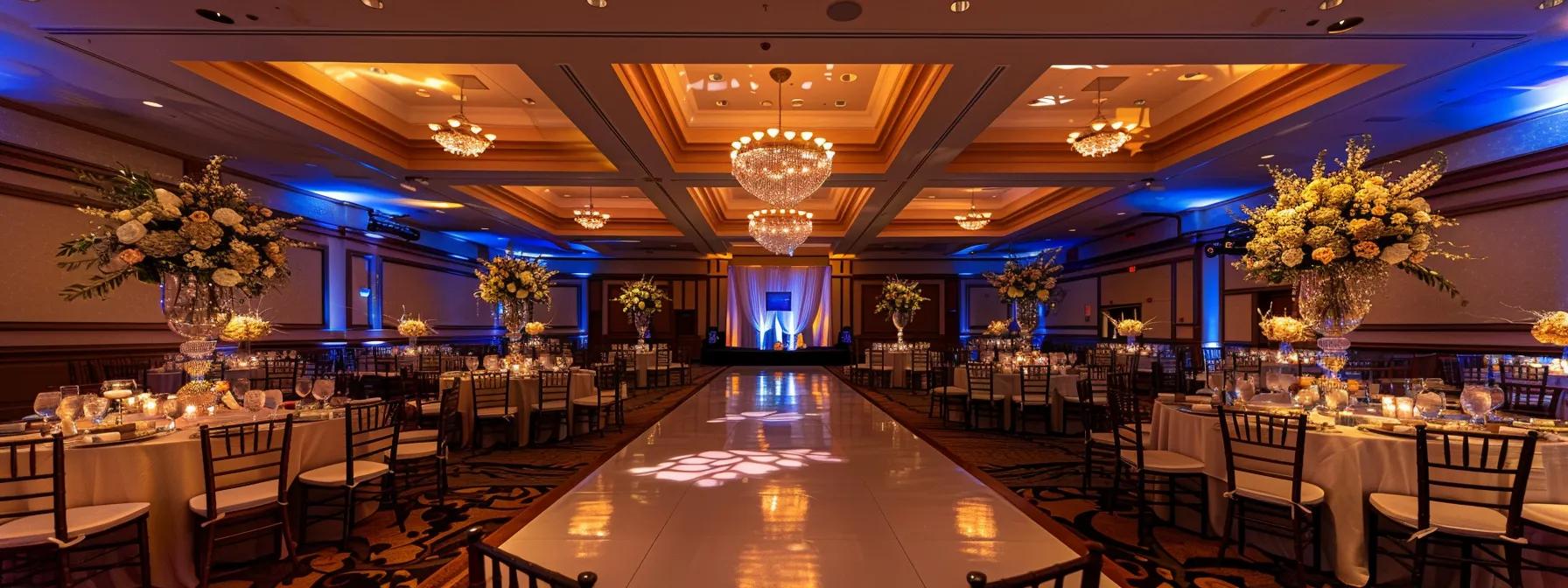 an elegantly set reception hall brimming with sophisticated décor, polished tables adorned with exquisite centerpieces, and advanced av equipment subtly integrated, creating an inviting atmosphere for an exceptional event experience.