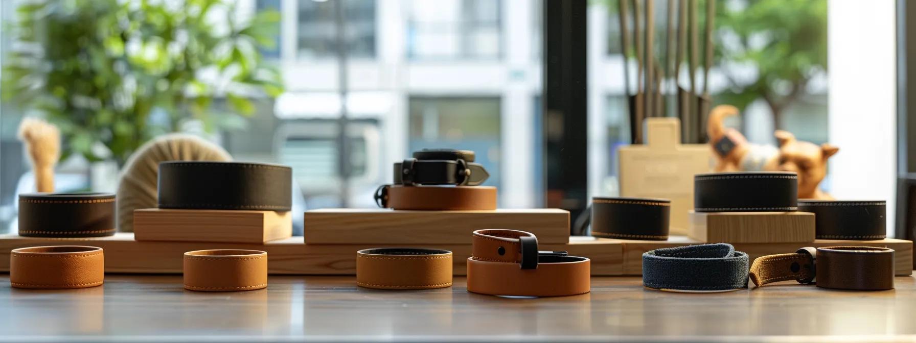 an elegantly staged photo showcasing a variety of small dog collars made from leather, nylon, biothane, and eco-friendly materials, all displayed on a sleek, modern office desk against a clean, minimalistic backdrop. an elegantly staged photo showcasing a variety of small dog collars made from leather, nylon, biothane, and eco-friendly materials, all displayed on a sleek, modern office desk against a clean, minimalistic backdrop.
