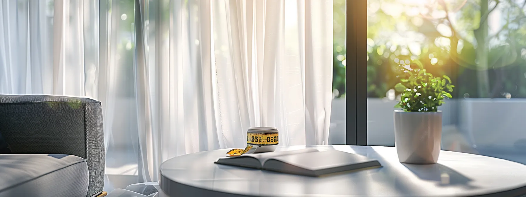 an elegantly styled modern living room features a large window draped with sheer white curtains, while a sleek measuring tape and a notepad sit on a polished table, emphasizing the importance of precise measurements for a perfect curtain fit.