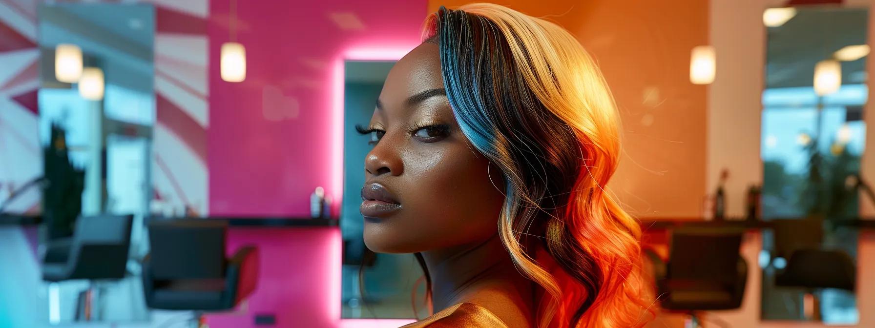 an elegantly styled salon setting showcases a split view, with a model confidently wearing vibrant clip-in extensions on one side and a glamorous wig on the other, highlighting the contrasting styles and transformations achieved through each hair enhancement method. an elegantly styled salon setting showcases a split view, with a model confidently wearing vibrant clip-in extensions on one side and a glamorous wig on the other, highlighting the contrasting styles and transformations achieved through each hair enhancement method.