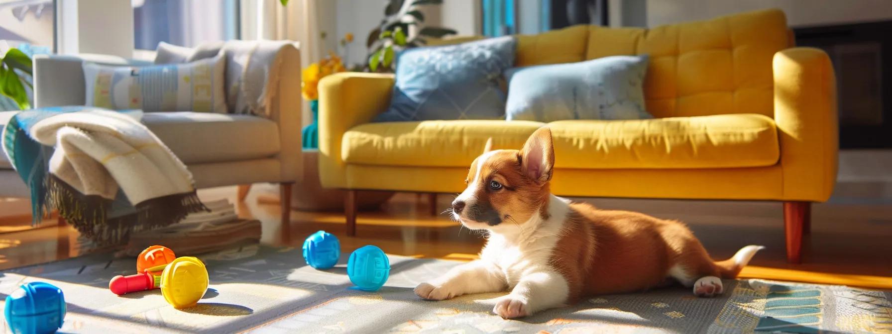 an engaged puppy interacts with an array of colorful interactive toys in a bright, modern living room, showcasing the dynamic interplay between play and learning under warm, inviting indoor lighting. an engaged puppy interacts with an array of colorful interactive toys in a bright, modern living room, showcasing the dynamic interplay between play and learning under warm, inviting indoor lighting.