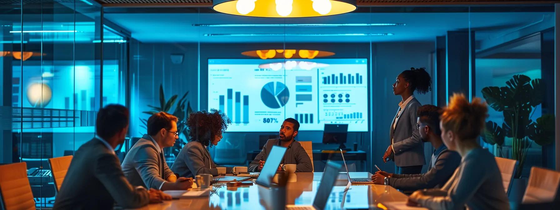 an engaging and modern office meeting room, featuring a diverse group of professionals gathered around a sleek table, analyzing a vibrant digital dashboard displaying key marketing metrics and enrollment success rates, illuminated by warm artificial lighting.